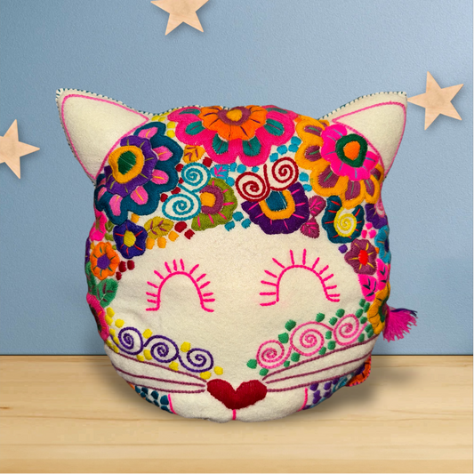 Handmade Embroidered Cat Pillow from Oaxaca, Mexico